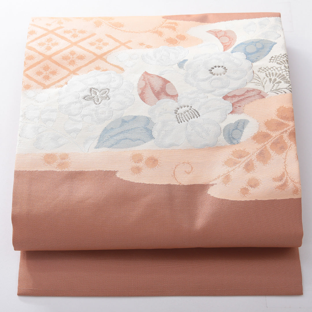 九寸名古屋帯 帯丈354cm インフォーマル 名古屋仕立て ポイント柄 Sランク 正絹 椿 ピンク系 朱系 1224-03920