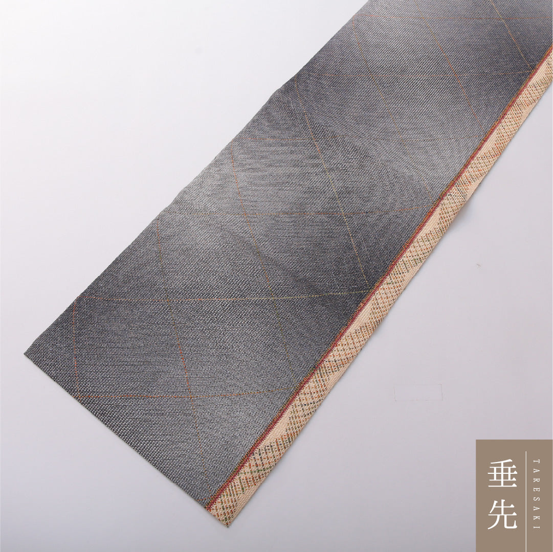 八寸名古屋帯 帯丈374cm カジュアル 松葉仕立て 全通 Sランク 正絹 創作柄 グレー系 1224-03617