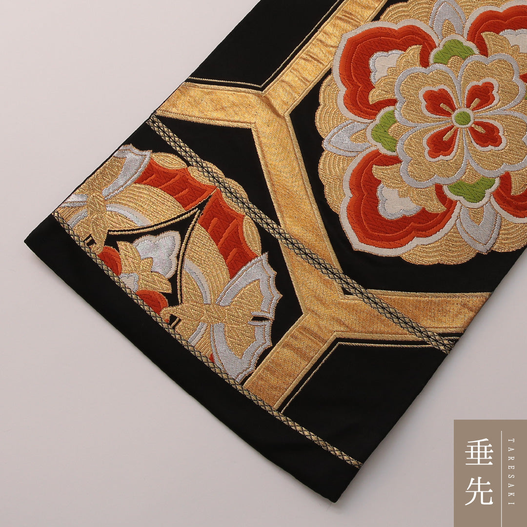 袋帯 帯丈418cm フォーマル 六通 Sランク 正絹 花菱 亀甲 黒系 金系 1223-01890