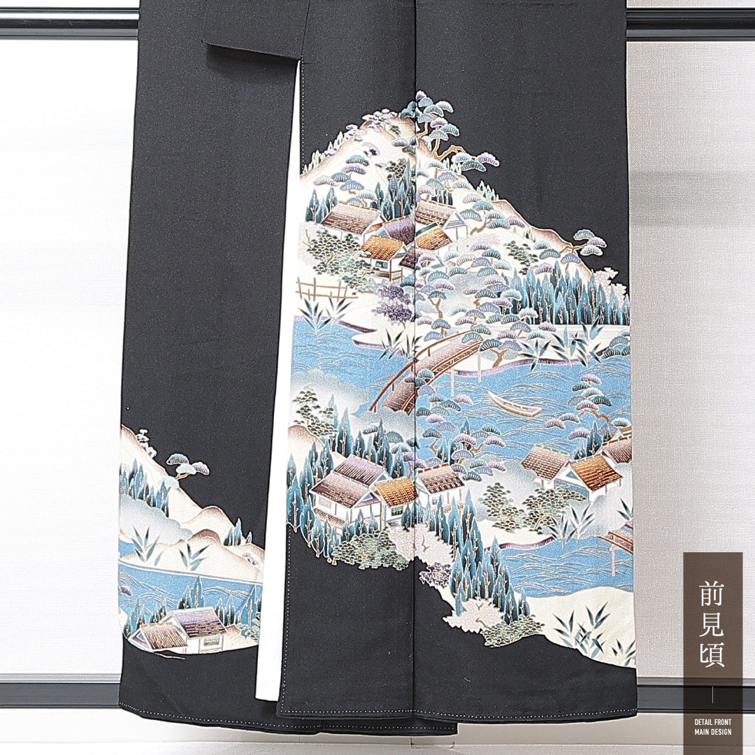 黒留袖 袷 身丈153cm 裄丈62cm 五つ紋 四つ目菱 フォーマル Sランク Sサイズ 正絹 比翼仕立て 広衿 茶屋辻 松 1211-F0711