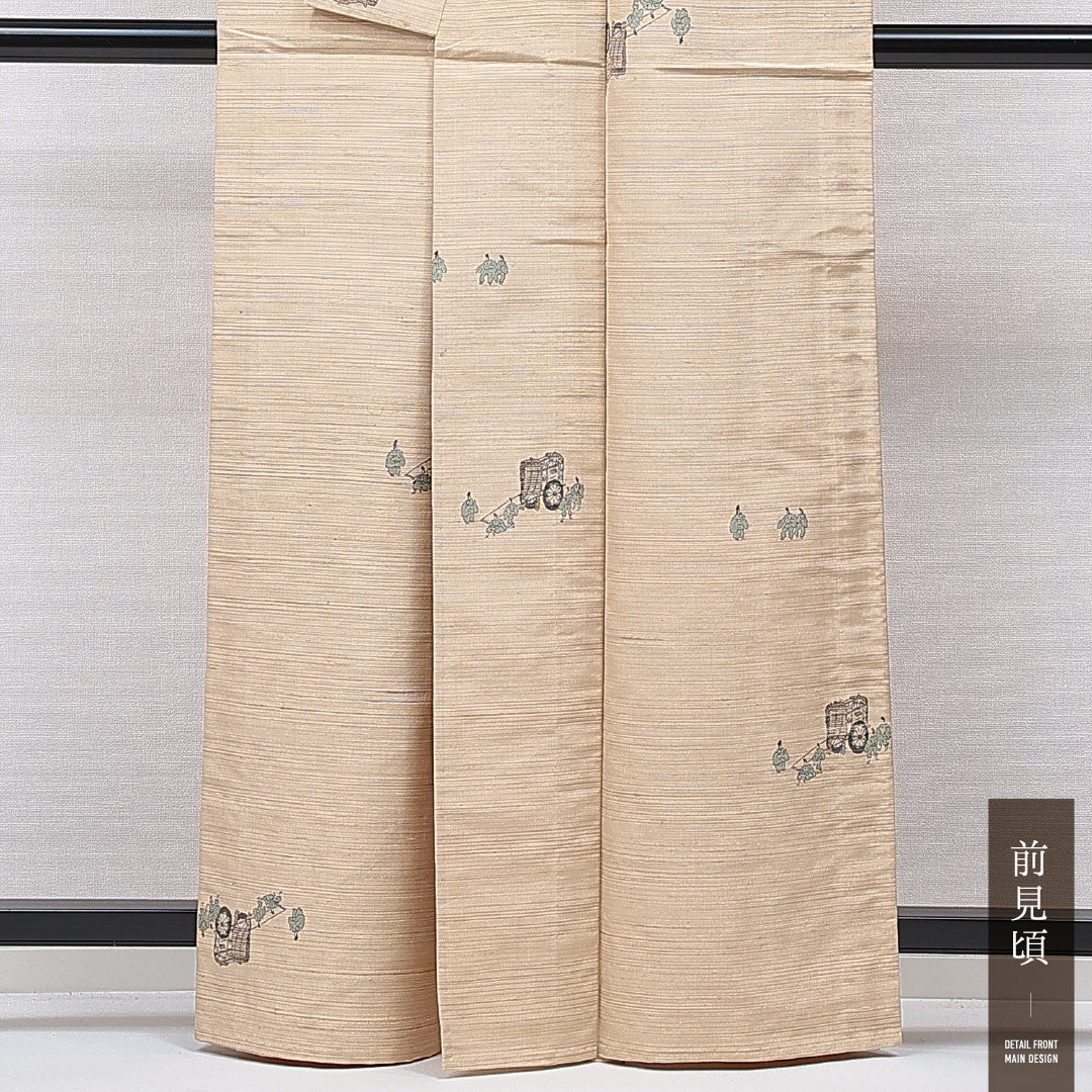 紬 単衣 身丈161cm 裄丈64cm 正絹 Aランク カジュアル 広衿 Lサイズ 肩当て 御所車 人物 ベージュ系 RP 1223-15534