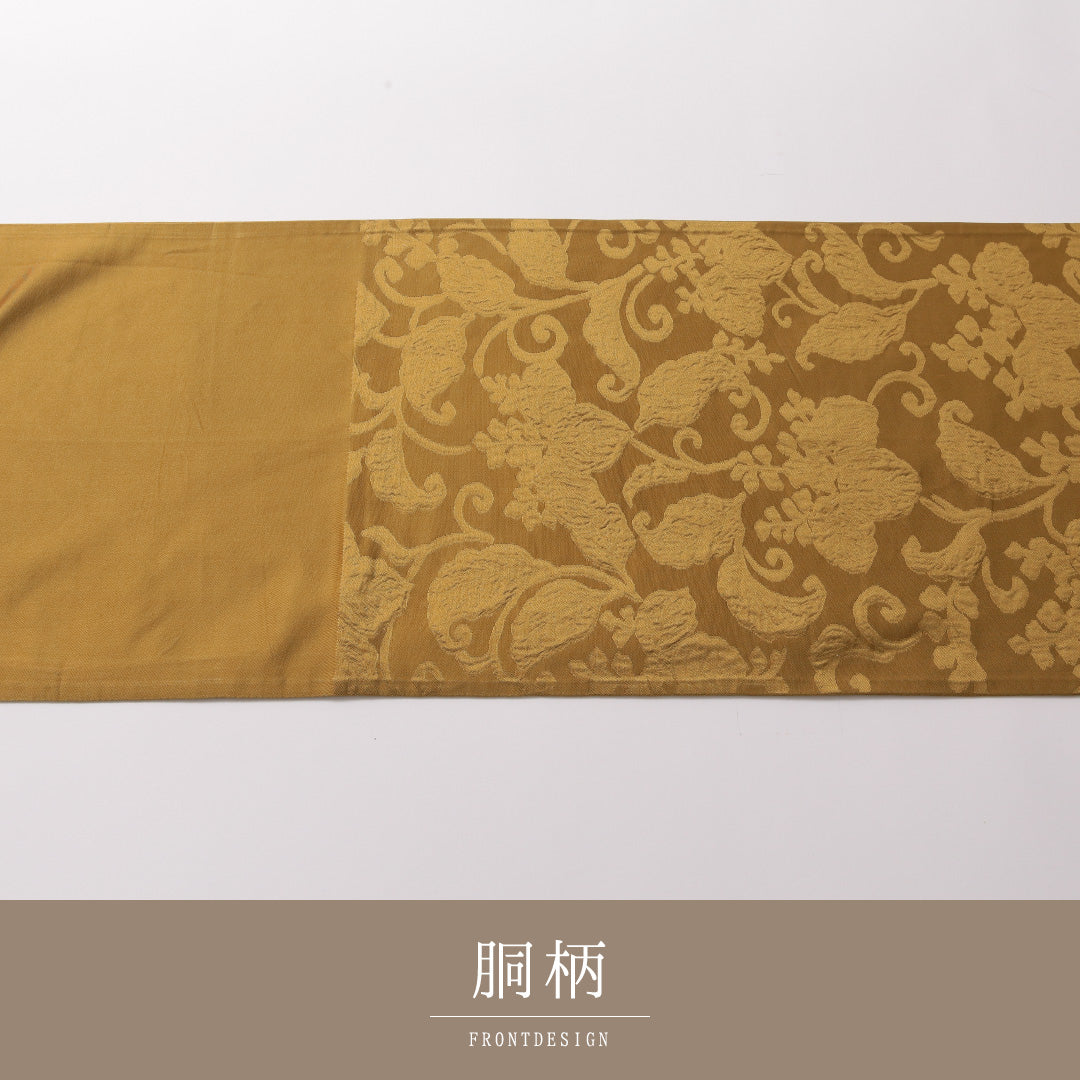 袋帯 帯丈432cm 正絹 六通 セミフォーマル ふくれ織 唐草華文 黄系 1243-01863