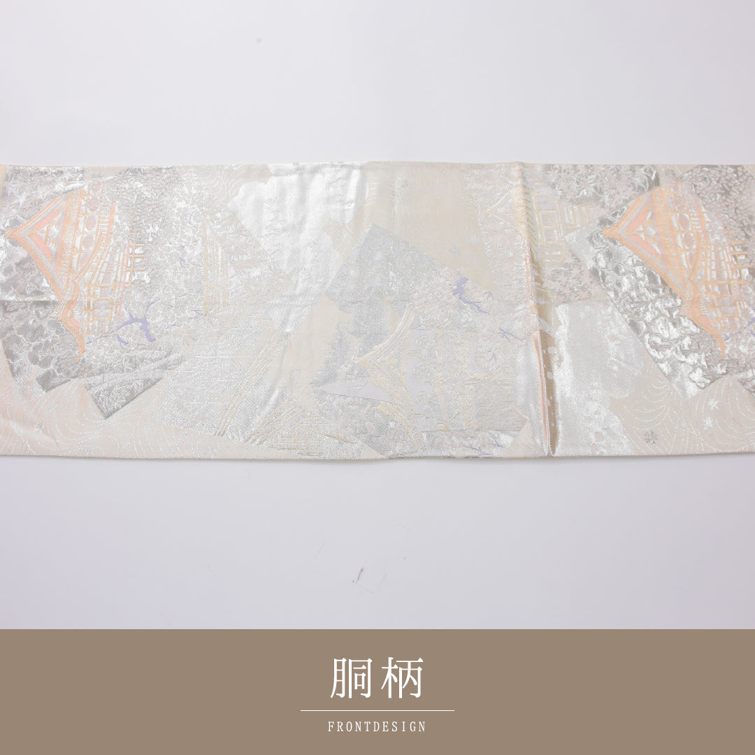 袋帯 帯丈432cm プラチナ箔二重織 フォーマル 六通 Aランク 正絹 寺社仏閣 銀系 1223-02316