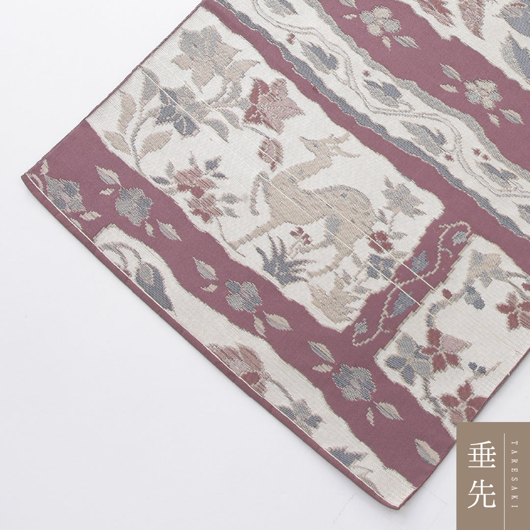 八寸名古屋帯 帯丈355cm カジュアル 名古屋仕立て 六通 帯芯なし Cランク 正絹 鷹 花柄 ピンク系 クリーム系 1224-03998