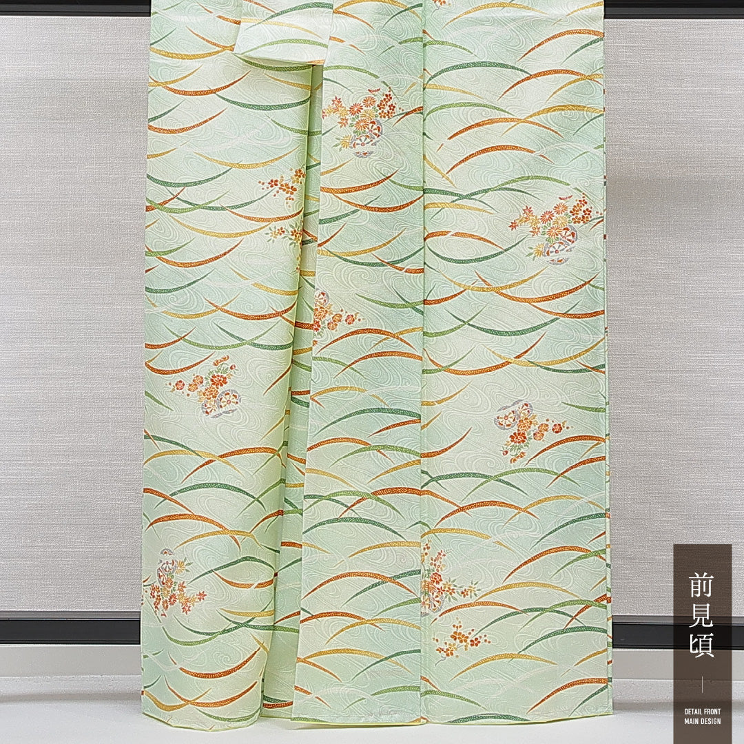 小紋 洗える着物 袷 身丈162cm 裄丈61cm ポリエステル Bランク Lサイズ 広衿 インフォーマル 源氏車 菊 緑系 1215-15806