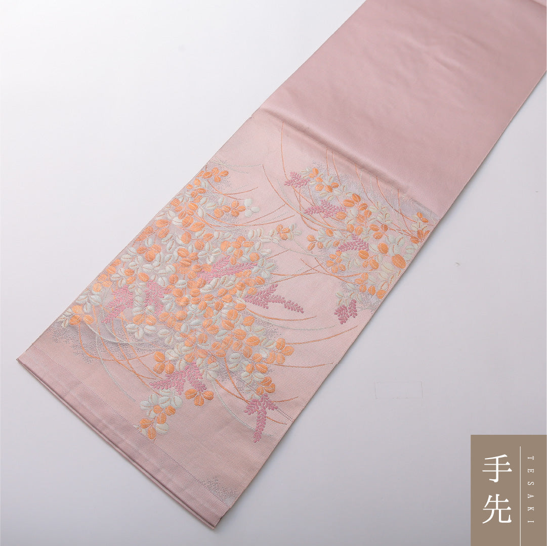 八寸名古屋帯 帯丈374cm カジュアル 開き仕立て 六通 Aランク 正絹 藤 ピンク系 紫系 1224-03492