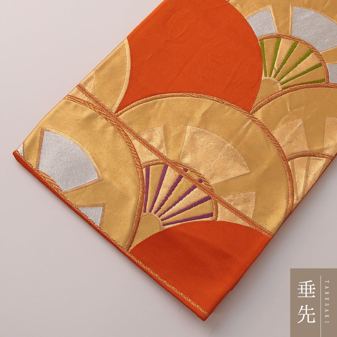 袋帯 帯丈420cm フォーマル 六通 Sランク 正絹 青海波 朱系 金系 1223-01896