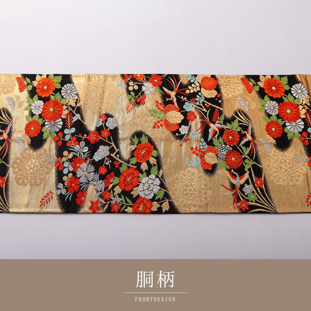 袋帯 帯丈414cm フォーマル 六通 Sランク 正絹 牡丹 桐 黒系 1223-01977