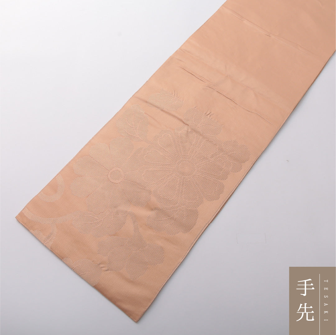 九寸名古屋帯 帯丈426cm カジュアル 開き仕立て 六通 Cランク 正絹 菊 ベージュ系 1224-03470