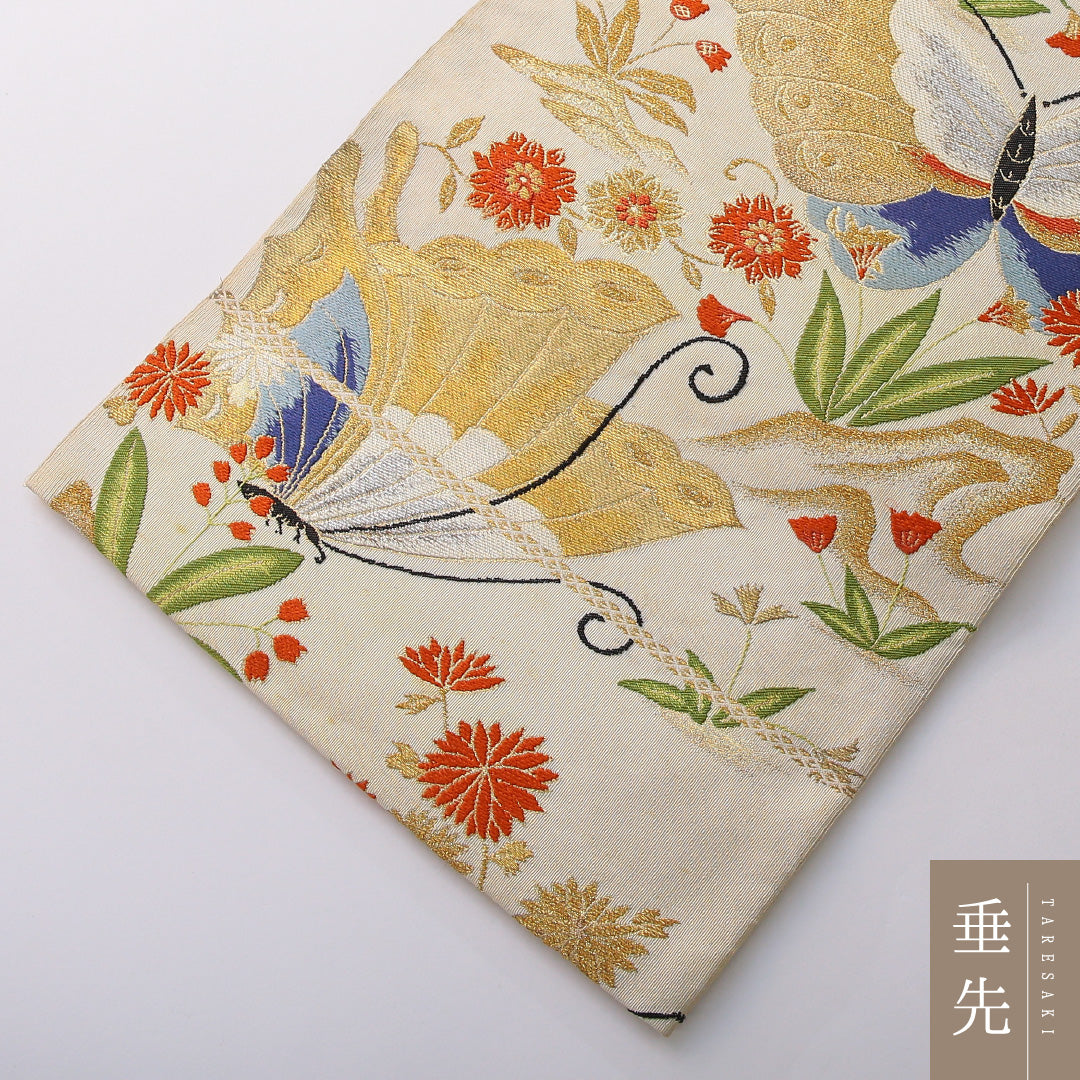 袋帯 帯丈428cm 正絹 六通 フォーマル 蝶 吉祥文様 クリーム系 1243-02049