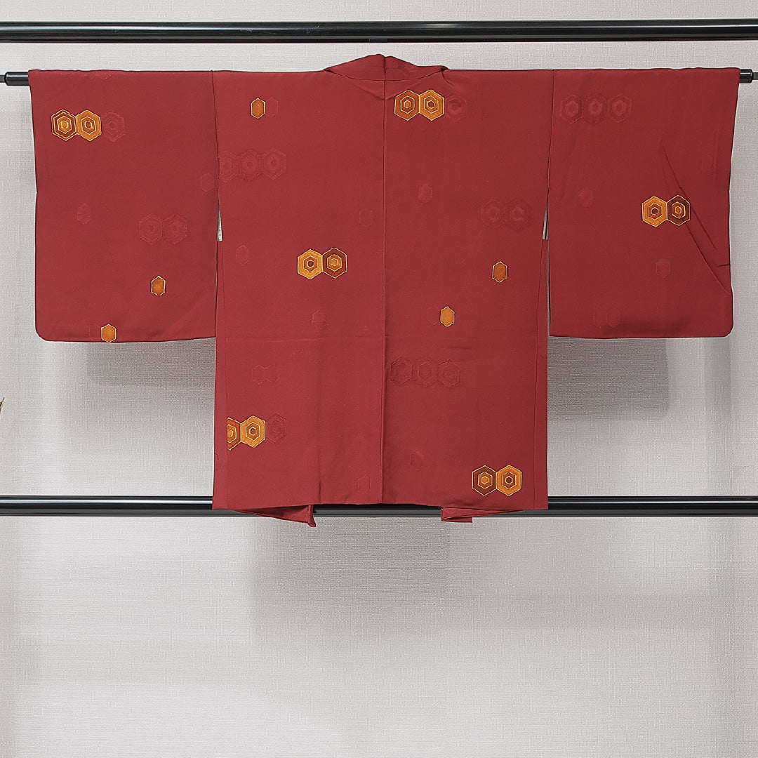 羽織 袷 身丈79cm 裄丈62cm 正絹 Sランク カジュアル Sサイズ 紐あり 亀甲 赤系 RP 1232-15273