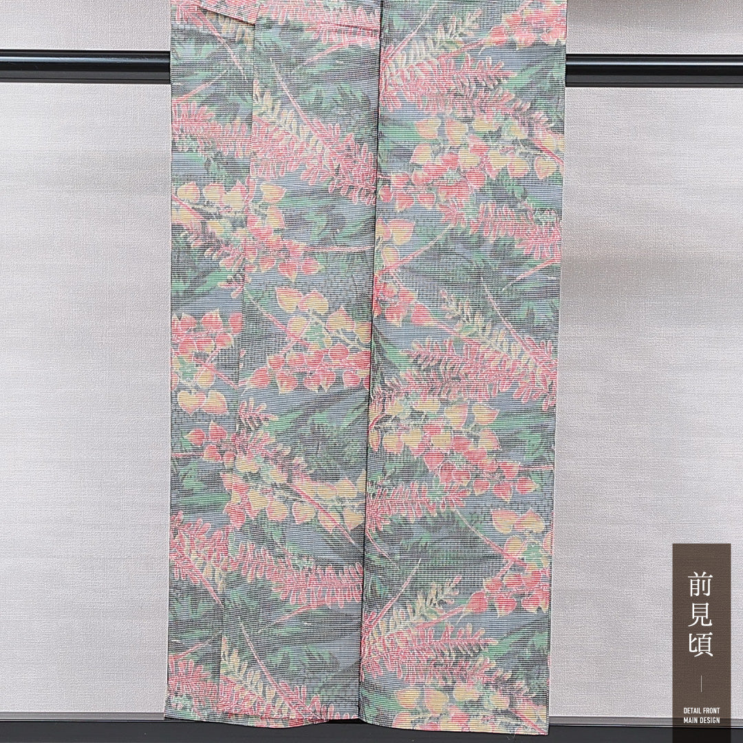 小紋 単衣 身丈151cm 裄丈63cm 正絹 Sランク インフォーマル バチ衿 Sサイズ 肩当て 植物柄 多色系 RP 1221-15575