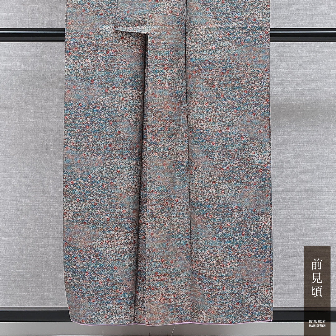 洗える着物 小紋 袷 身丈154cm 裄丈62cm ポリエステル Aランク インフォーマル 広衿 Sサイズ 古典柄 グレー系 RP 1221-16097