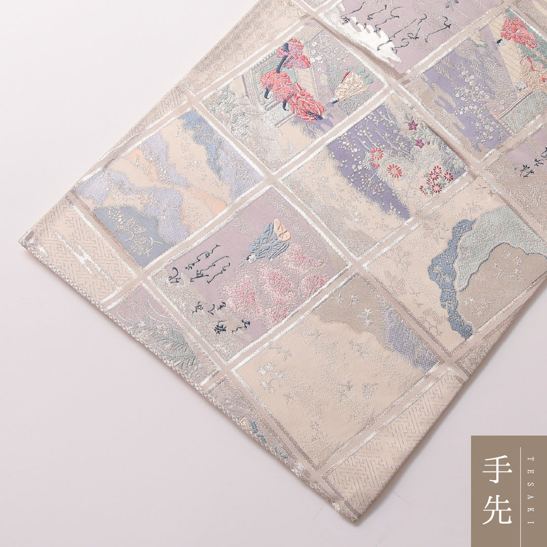 袋帯 帯丈424cm 正絹 六通 セミフォーマル 平安絵巻 歌留多 白系 銀系 1243-01793
