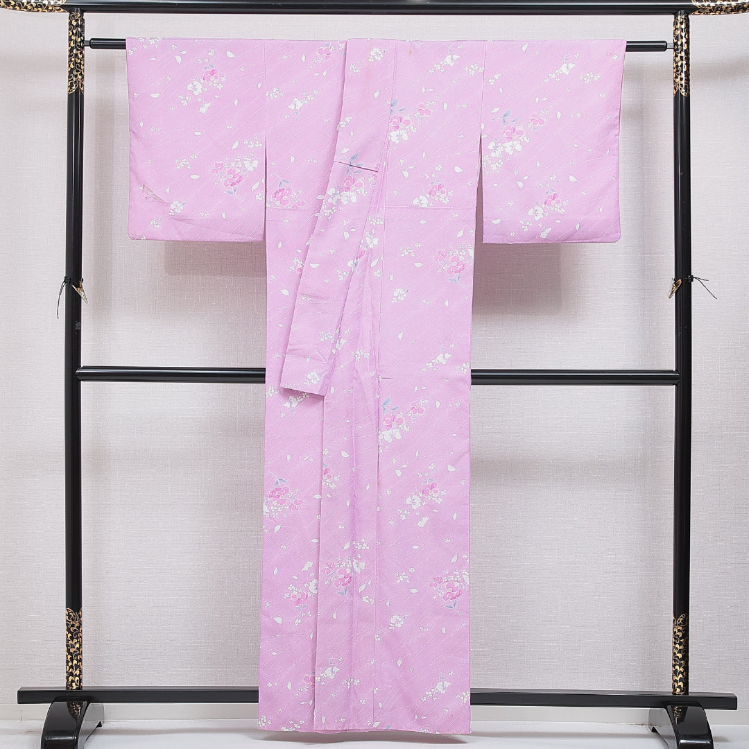 洗える着物 小紋 袷 身丈159cm 裄丈61cm ポリエステル Cランク インフォーマル 広衿 Mサイズ 花柄 紫系 HP 1221-16025
