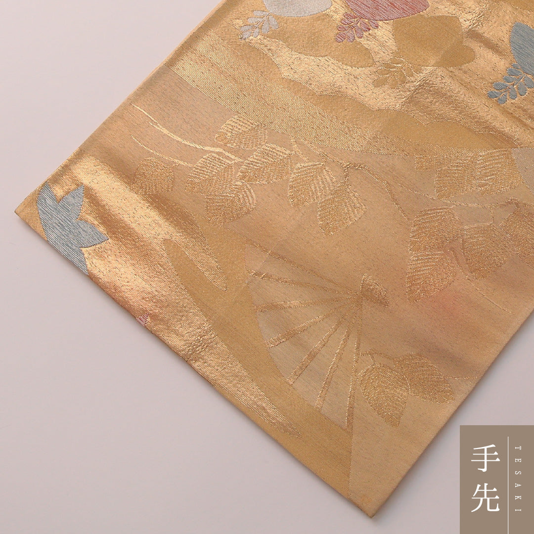 袋帯 帯丈408cm フォーマル 六通 Cランク 正絹 扇 紅葉 金系 1223-01887