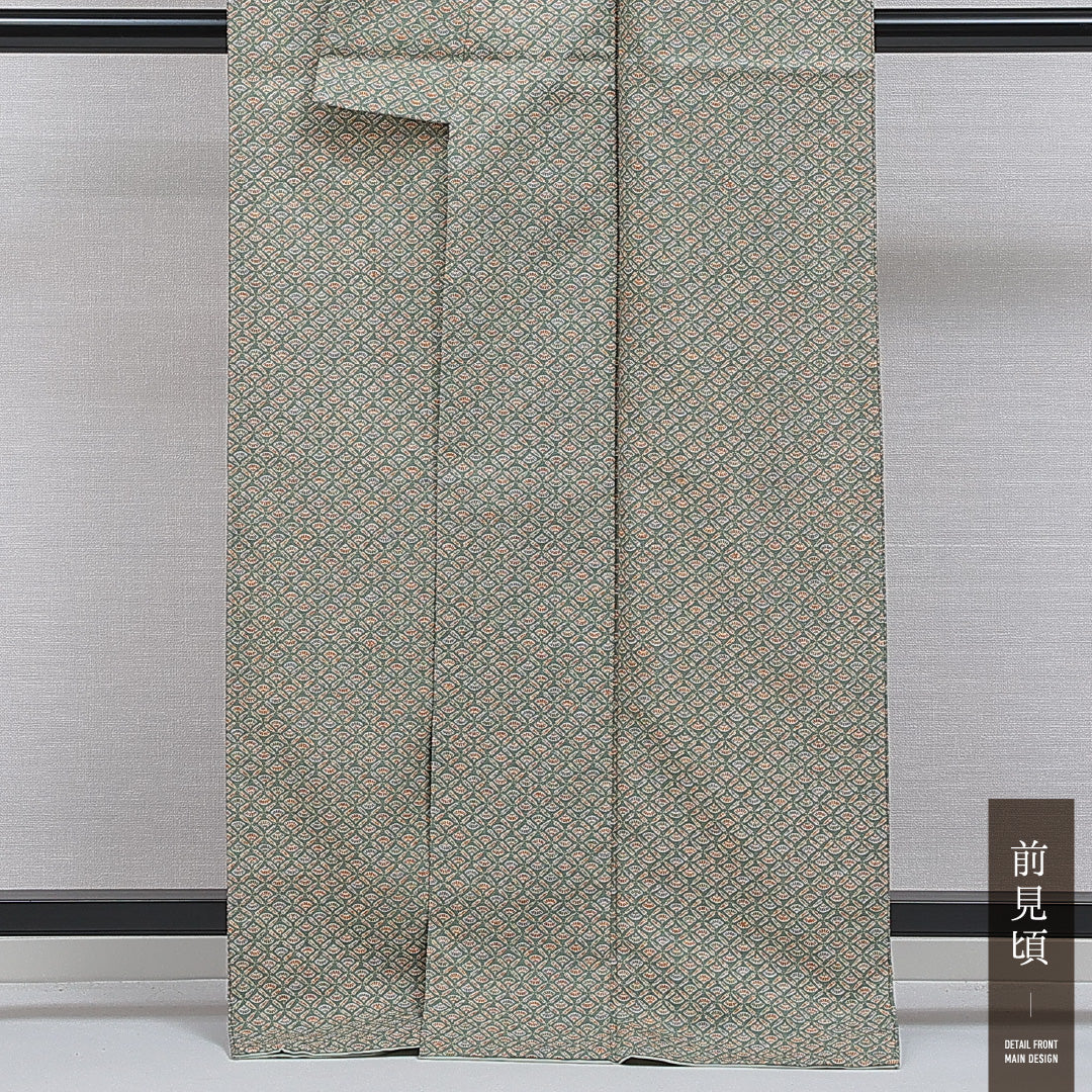 洗える着物 小紋 袷 身丈165cm 裄丈65cm ポリエステル Sランク インフォーマル 広衿 XLサイズ 扇 唐笠 緑系 RP 1221-16076