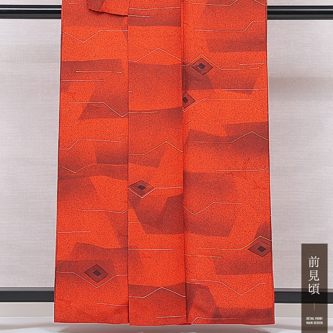 小紋 袷 身丈159cm 裄丈62cm 正絹 Sランク インフォーマル 広衿 Mサイズ 菱 朱系 RP 1221-15055
