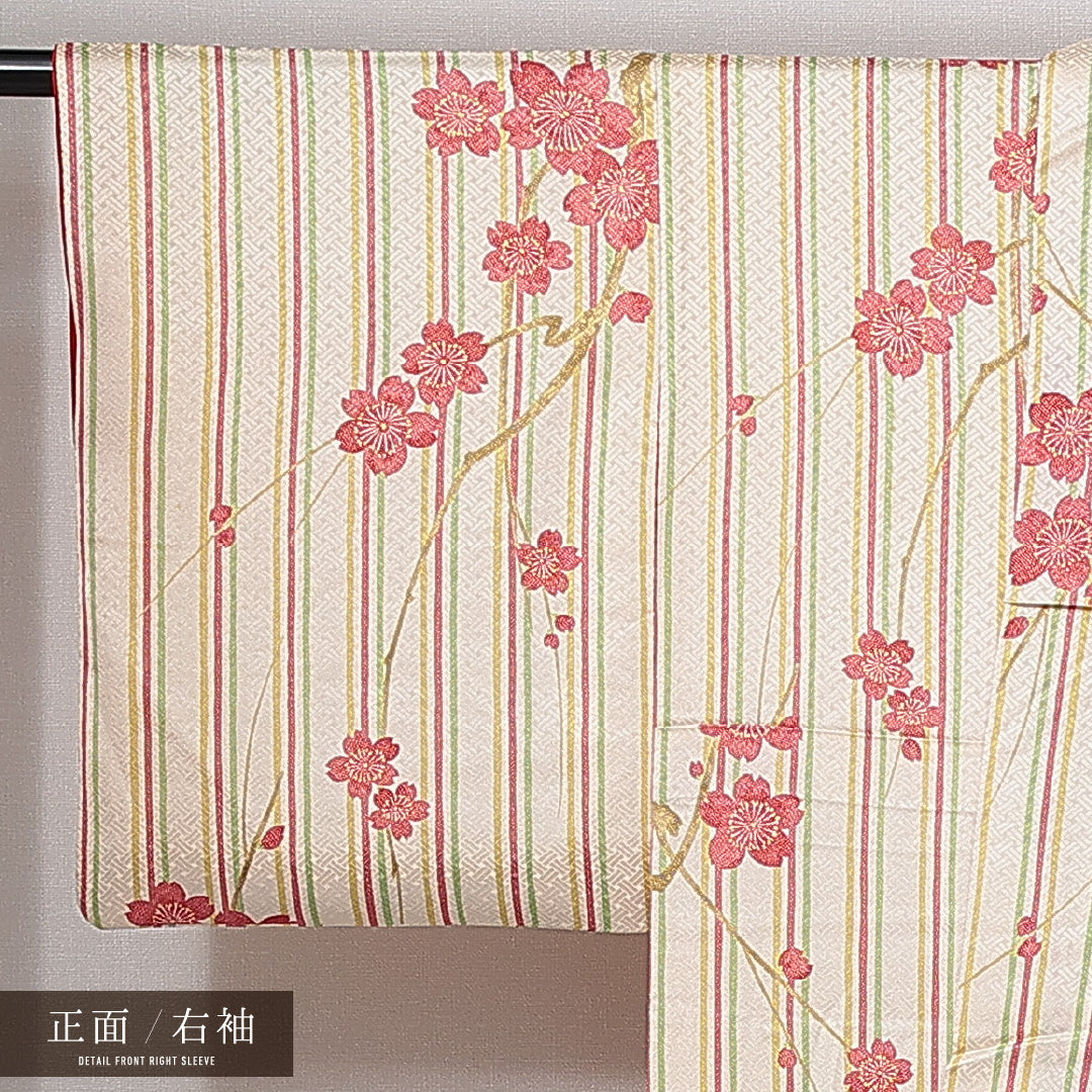 小紋 袷 身丈155cm 裄丈62cm レーヨン Cランク インフォーマル 広衿 Mサイズ 証紙 縞 桜 クリーム系 LP 1221-15009