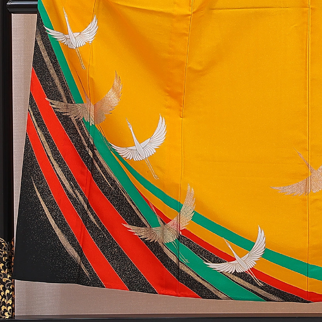 訪問着 洗える着物 単衣 身丈155cm 裄丈62cm ポリエステル Bランク Mサイズ バチ衿 セミフォーマル 鶴 黄系 1212-16336