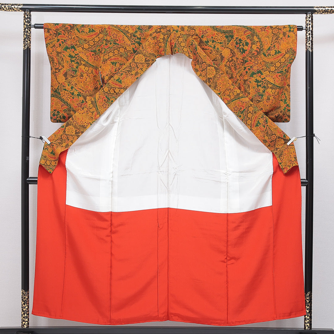 小紋 袷 身丈156cm 裄丈62cm 正絹 Dランク Mサイズ 広衿 インフォーマル ちりめん 多色系 朱系 1215-16665