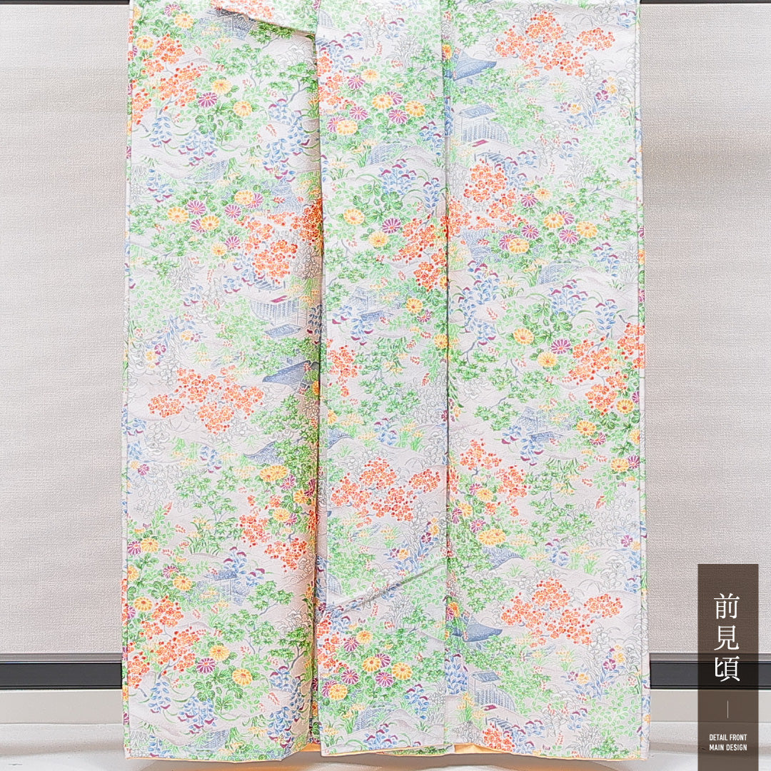 小紋 洗える着物 袷 身丈161cm 裄丈63cm ポリエステル Sランク Lサイズ 広衿 インフォーマル 菊 グレー系 1215-15101