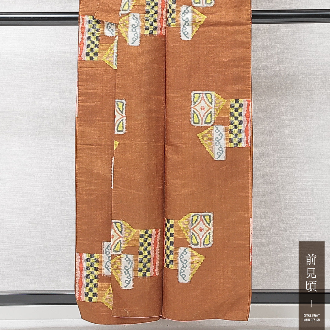 アンティーク 紬 袷 身丈157cm 裄丈62cm 正絹 Aランク バチ衿 Mサイズ 創作柄 茶系 RP 1223-15223