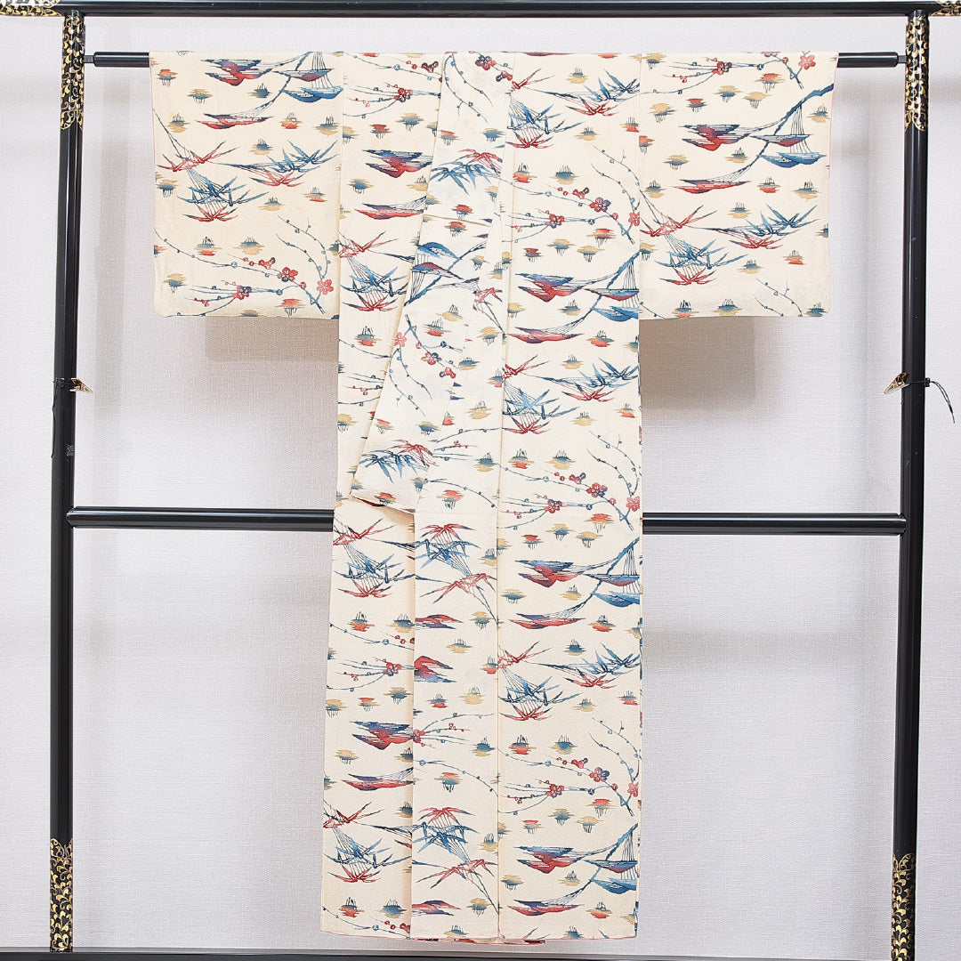 小紋 袷 身丈147cm 裄丈60cm 正絹 Bランク インフォーマル 広衿 XSサイズ 山 クリーム系 HP 1221-15908