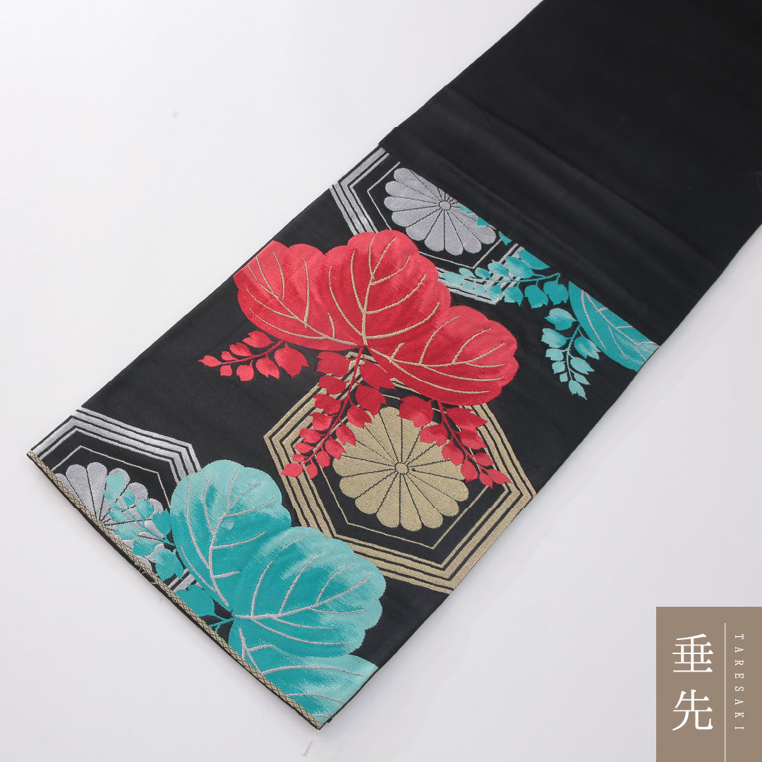 袋帯 帯丈418cm 正絹 六通 帯芯なし フォーマル 桐 菊亀甲 古典柄 黒系 1243-02262
