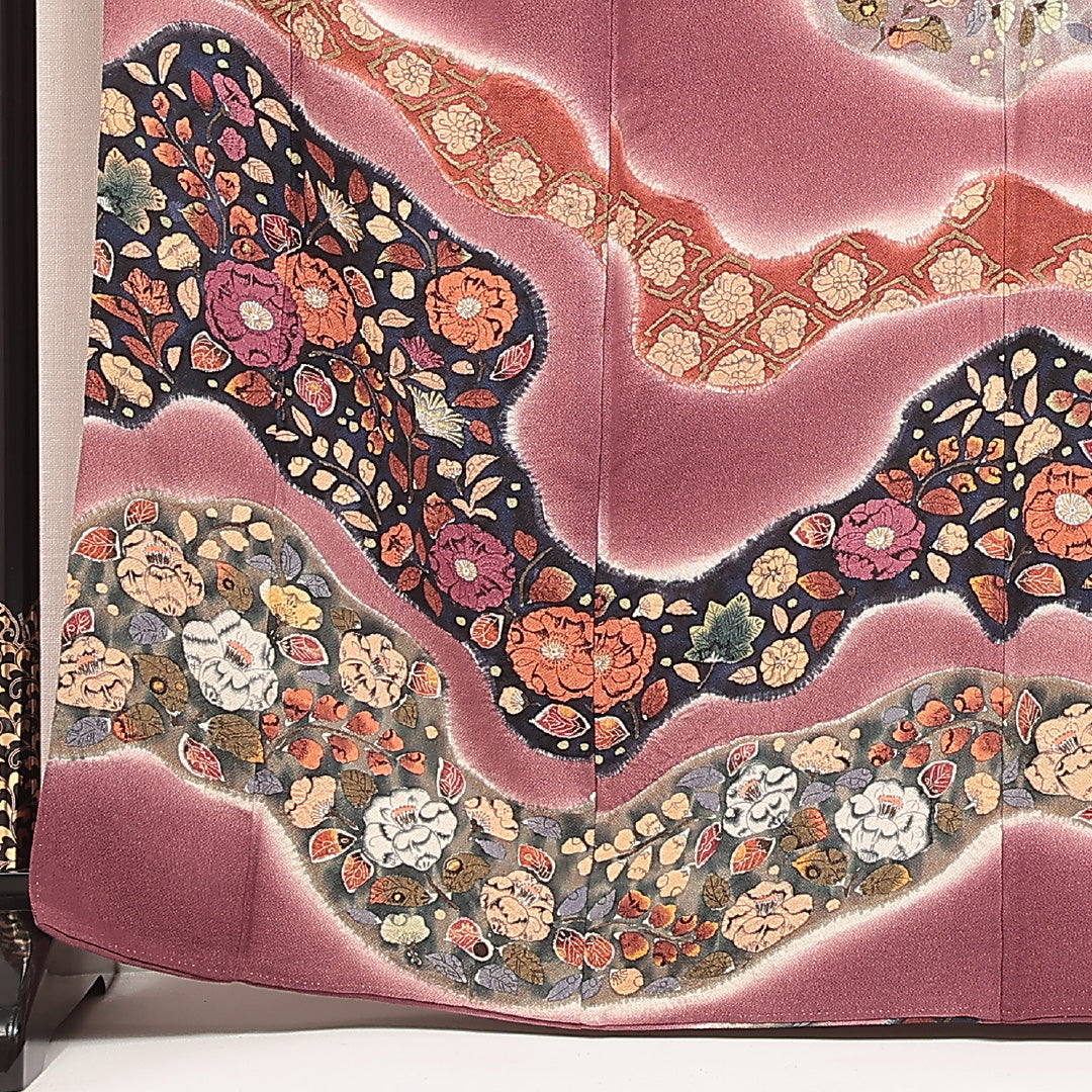 付下げ 袷 身丈165cm 裄丈66cm 正絹 Sランク XLサイズ 広衿 インフォーマル 花柄 ぼかし染 紫系 1261-16880