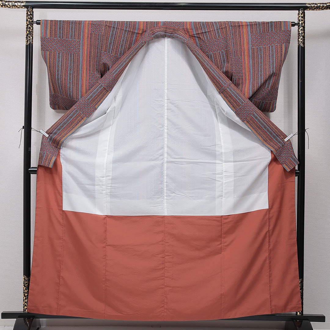 小紋 袷 身丈163cm 裄丈63cm 正絹 Sランク Lサイズ 広衿 インフォーマル 創作柄 多色系 1215-15487