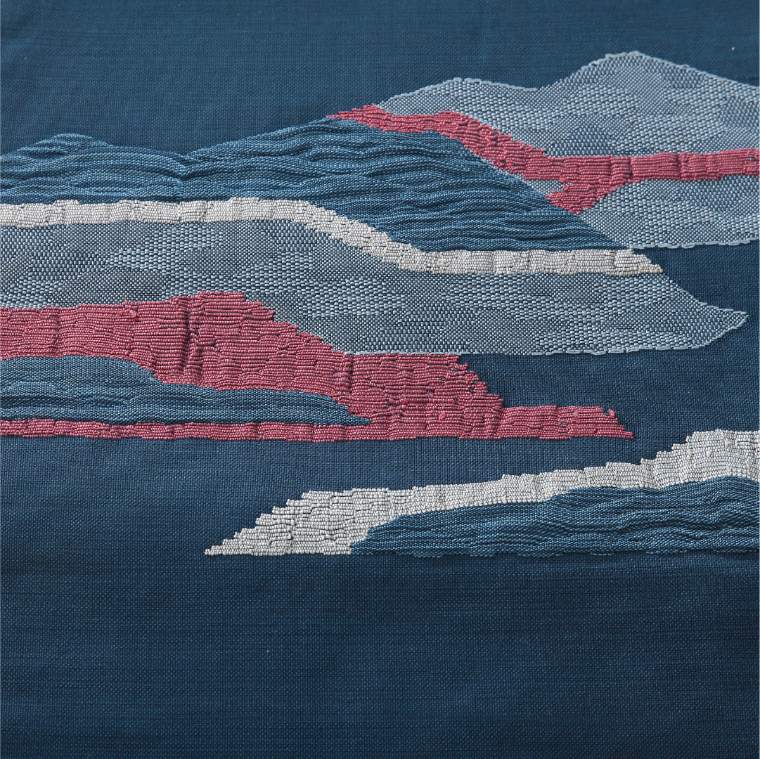 八寸名古屋帯 帯丈348cm カジュアル 松葉仕立て ポイント柄 Aランク 正絹 ふくれ織 山 青系 1224-03903