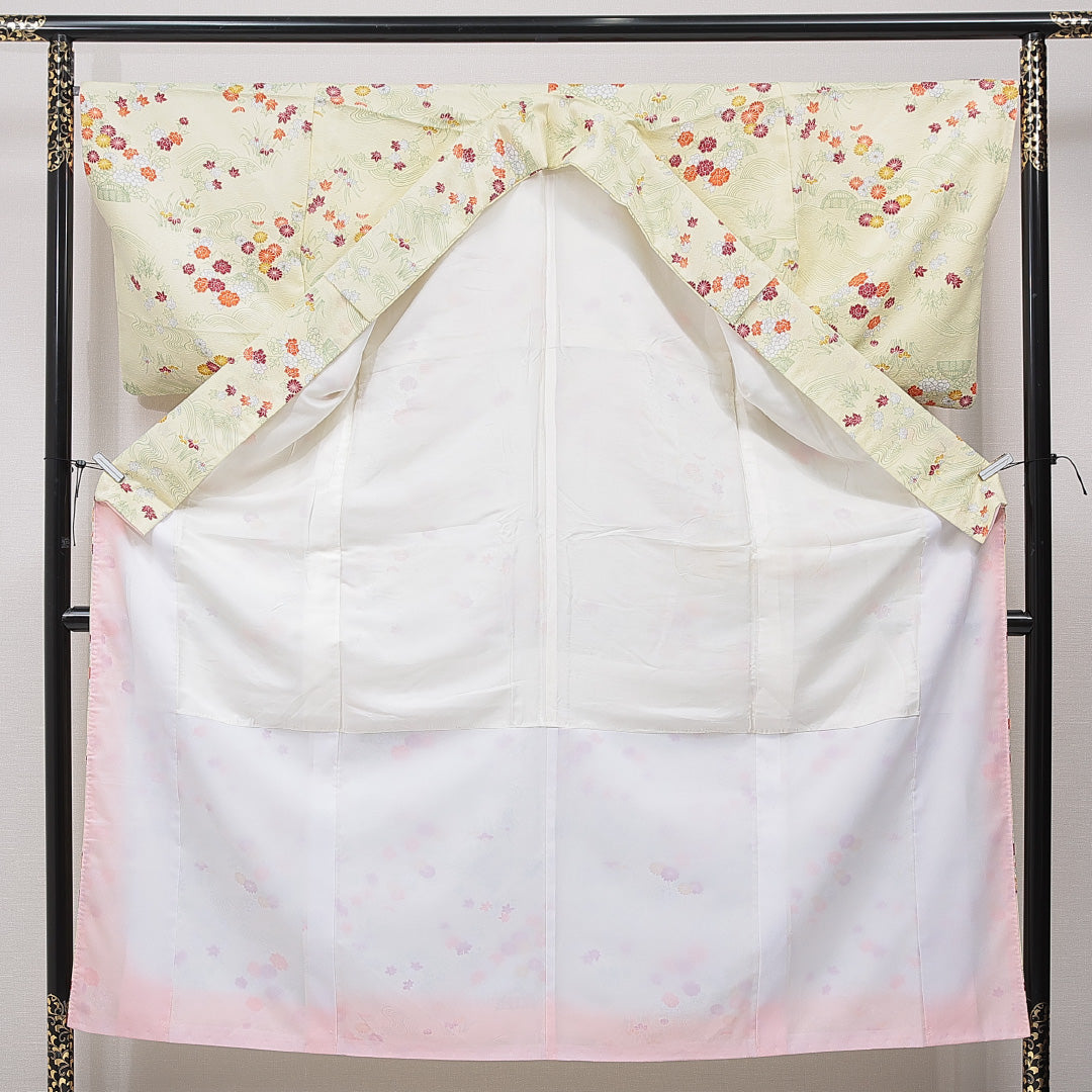 小紋 洗える着物 袷 身丈150cm 裄丈65cm ポリエステル Cランク Sサイズ 広衿 インフォーマル 流水 牡丹 クリーム系 1215-15834