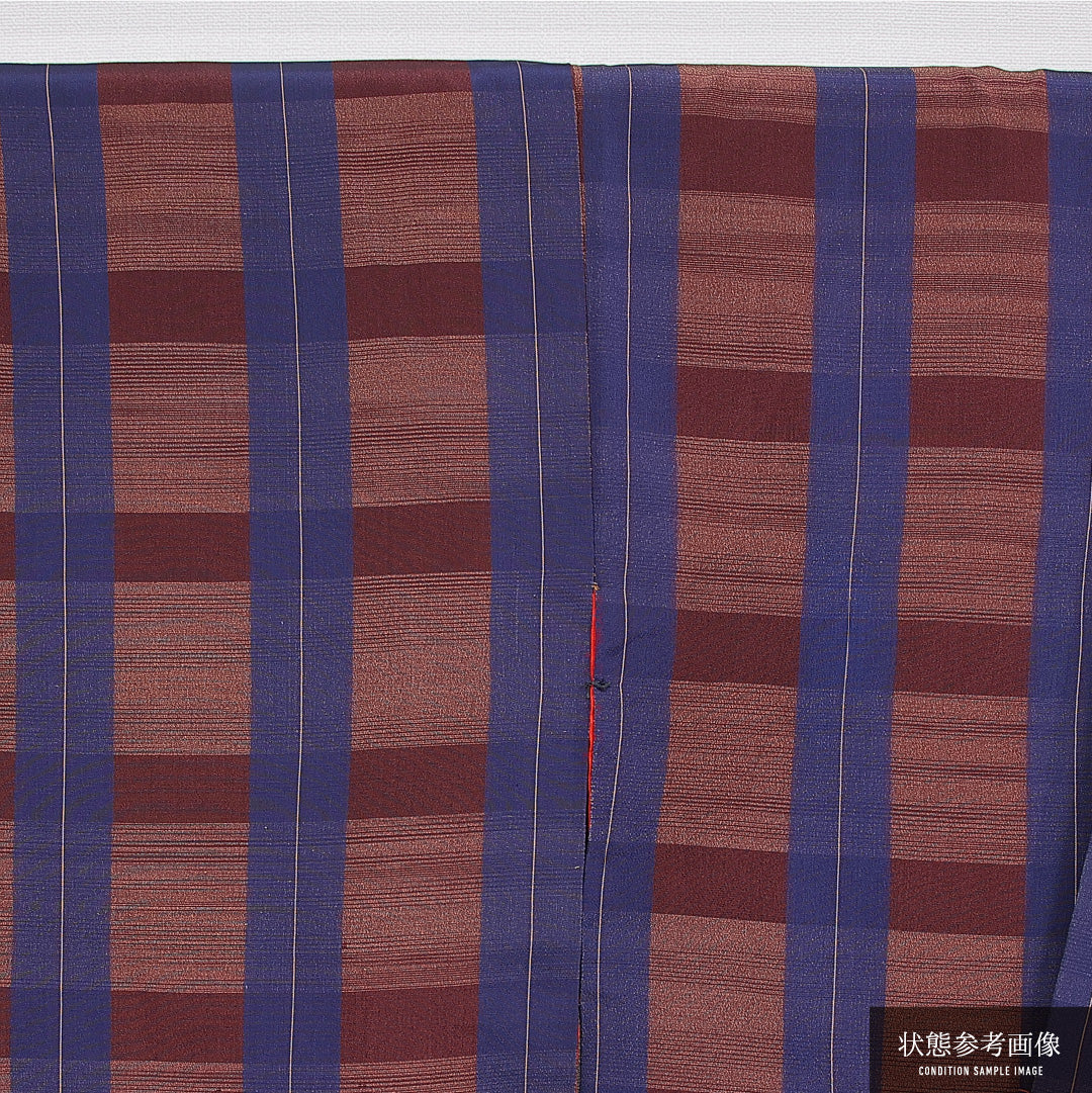 アンティーク 小紋 袷 身丈155cm 裄丈63cm 正絹 Dランク Mサイズ 広衿 格子 茶系 青系 1215-15576