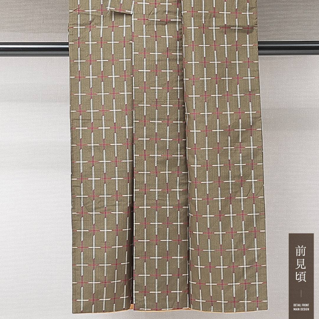 紬 袷 身丈145cm 裄丈60cm 正絹 Bランク XSサイズ バチ衿 カジュアル 格子 緑系 1216-15234