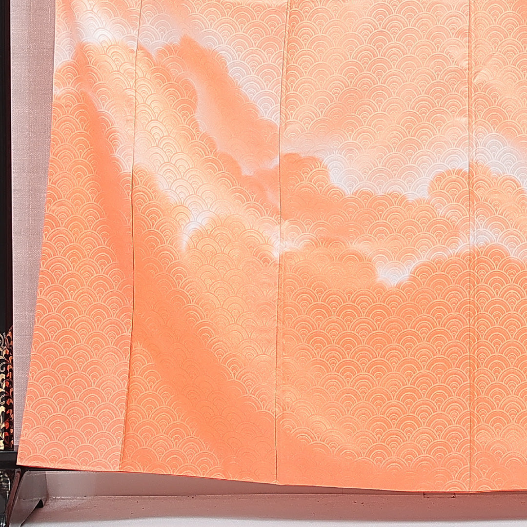 付下げ 洗える着物 袷 身丈162cm 裄丈66cm ポリエステル Bランク Lサイズ 広衿 インフォーマル 紋意匠 青海波 雲取り 朱系 1261-16315