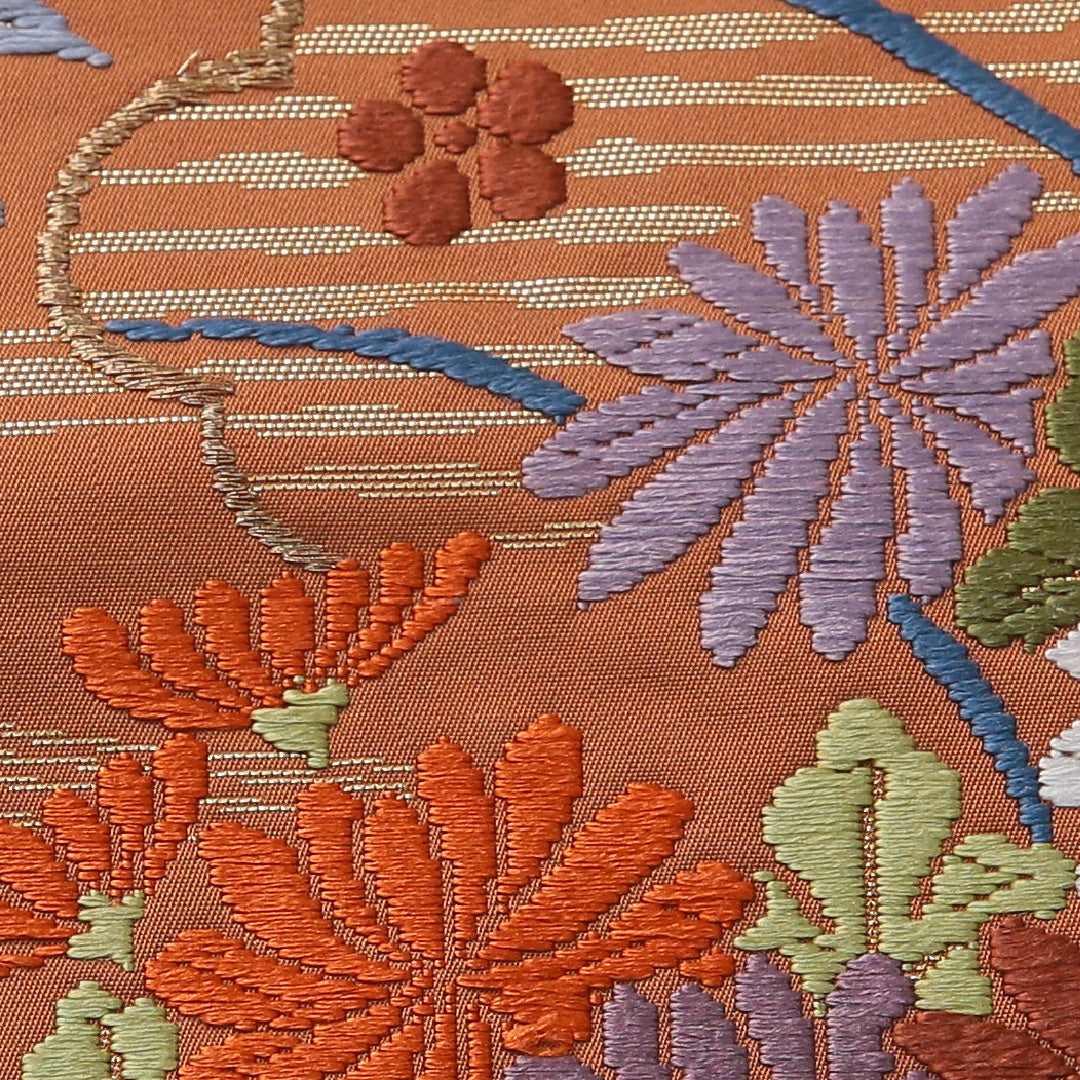 袋帯 帯丈430cm 正絹 六通 フォーマル 唐織 四季草花 吉祥文様 茶系 1243-02034