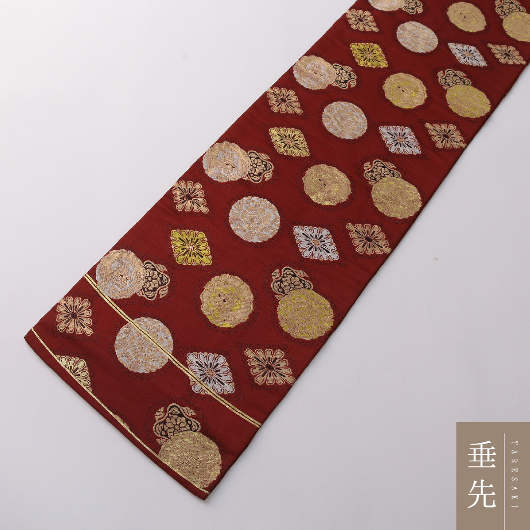 アンティーク 九寸名古屋帯 Aランク 帯丈327cm 正絹 六通 名古屋仕立て 織り 龍 丸文 朱の混ざった茶系 M4 1245-03226