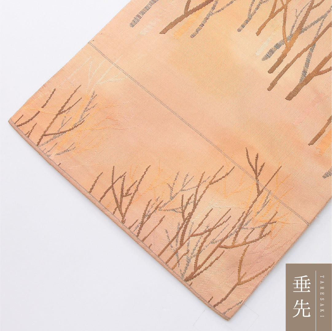 八寸名古屋帯 帯丈356cm カジュアル 開き仕立て 六通 Cランク 正絹 木立 ベージュ系 1224-04057