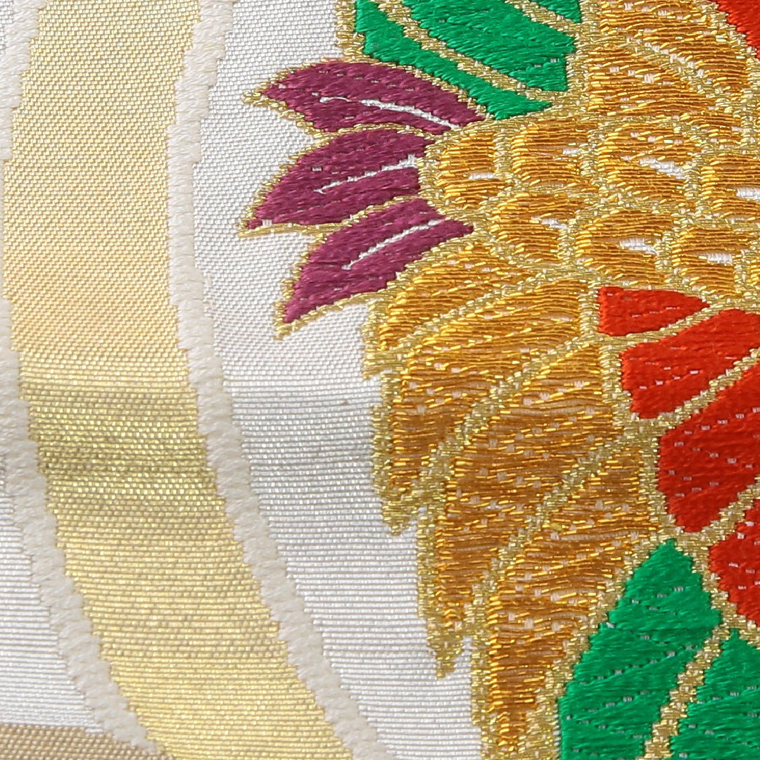 袋帯 帯丈420cm フォーマル 六通 帯芯なし Sランク 正絹 向かい鳥 よろけ縞 白系 1223-02245