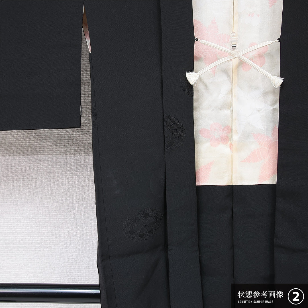 黒羽織 袷 身丈84cm 裄丈33cm 正絹 Aランク 一つ紋 (橘) セミフォーマル Sサイズ 紐あり 創作柄 黒系 RP 1233-15308