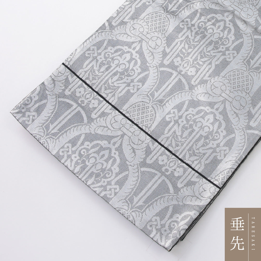 袋帯 帯丈414cm セミフォーマル 六通 帯芯なし Aランク 正絹 ペルシャ文様 銀系 1223-02230