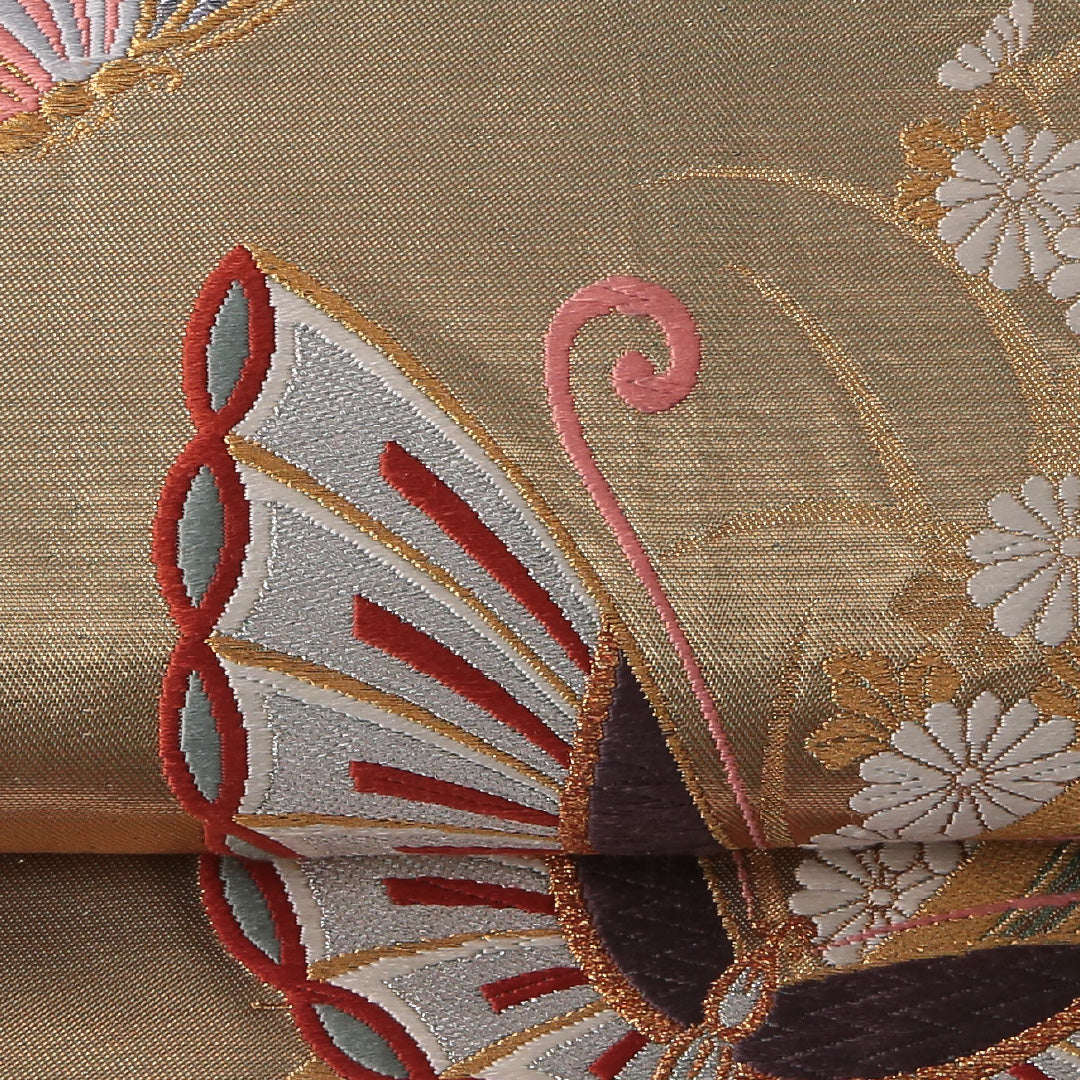 振袖用 袋帯 帯丈428cm 正絹 六通 帯端のみ未仕立て 蝶 吉祥文様 金系 1243-01808