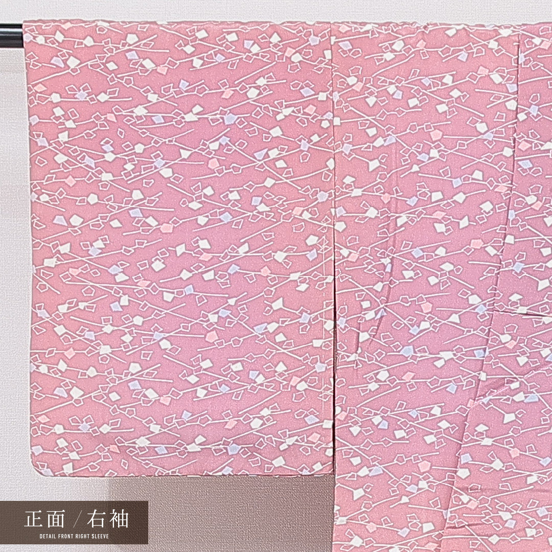 小紋 洗える着物 袷 身丈161cm 裄丈61cm ポリエステル Cランク Lサイズ 広衿 インフォーマル 抽象柄 ピンク系 1215-15804