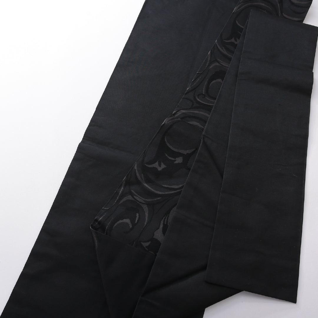 九寸名古屋帯 Aランク 帯丈351cm 正絹 六通 名古屋仕立て 織り インフォーマル 創作柄 黒系 RP 1245-03869