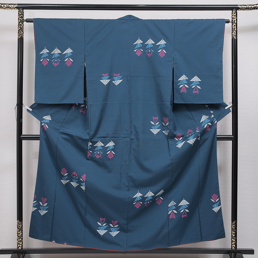 洗える着物 紬 袷 身丈157cm 裄丈62cm ポリエステル Aランク カジュアル 広衿 Mサイズ 花柄 青系 RP 1223-16404
