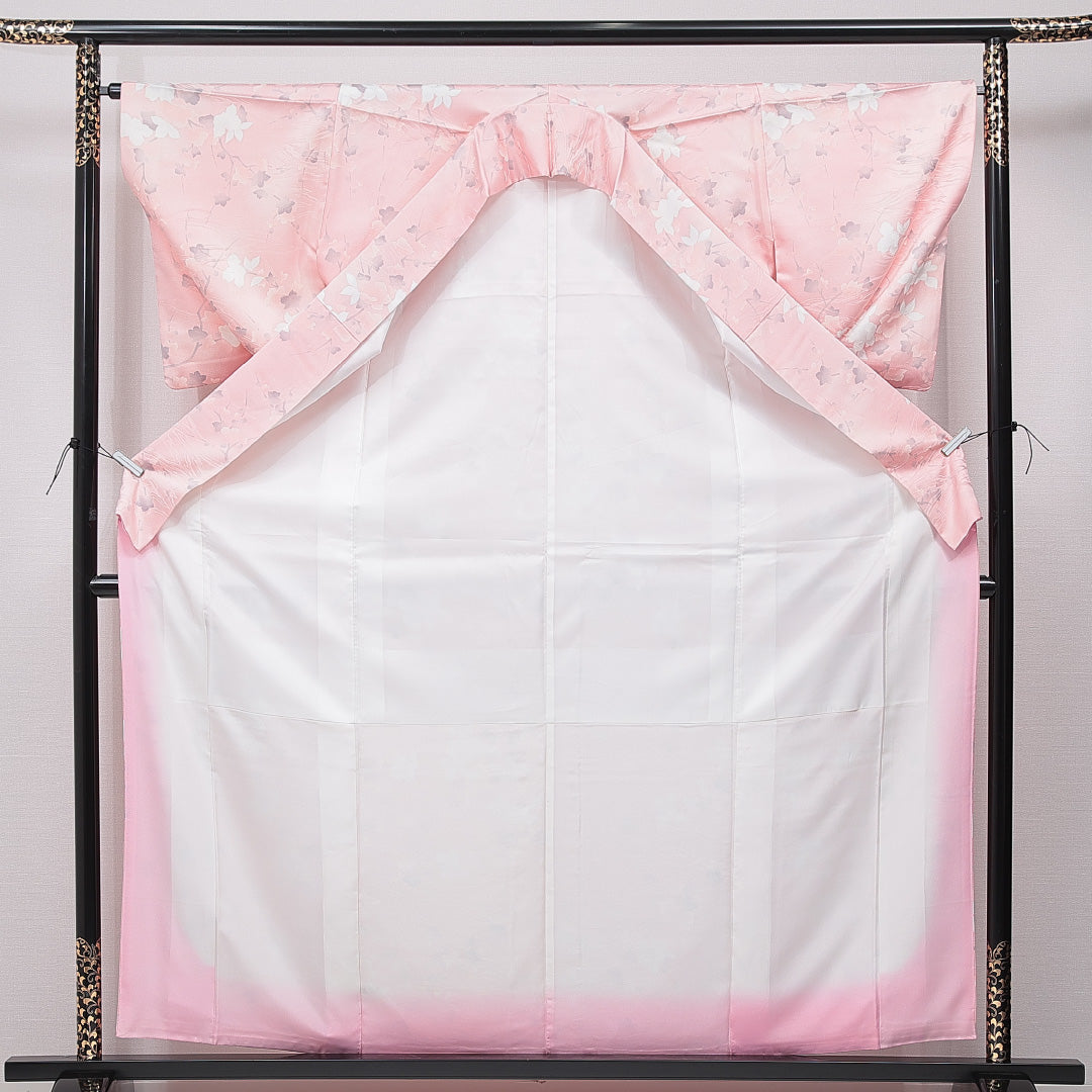 小紋 洗える着物 袷 身丈161cm 裄丈64cm ポリエステル Sランク Lサイズ 広衿 インフォーマル 花柄 ピンク系 1215-15790