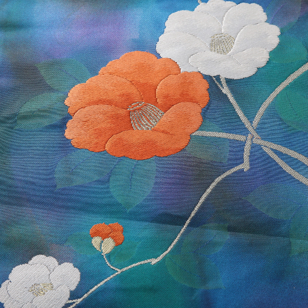 未使用品 九寸名古屋帯 帯丈361cm インフォーマル 名古屋仕立て ポイント柄 Sランク 正絹 綴れ織 椿 紺系 青系 1224-03818