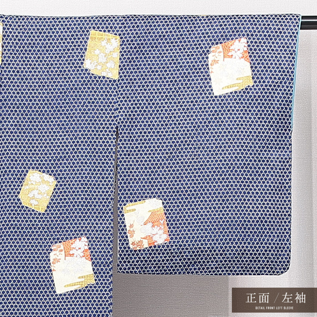 小紋 袷 身丈153cm 裄丈61cm 正絹 Bランク インフォーマル 広衿 Sサイズ 色紙 花柄 青系 HP 1221-15078