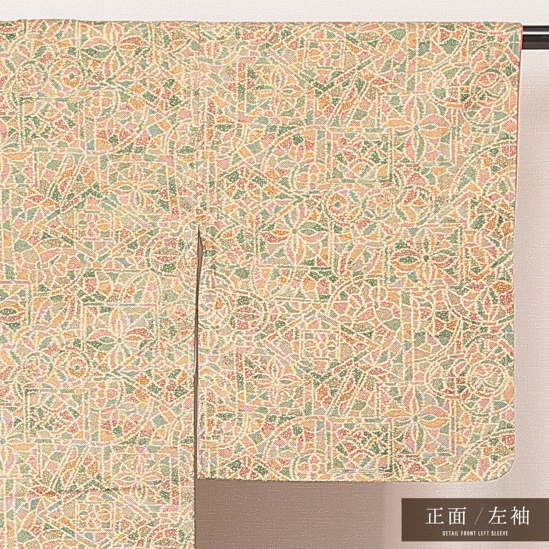 洗える着物 小紋 袷 身丈155cm 裄丈64cm ポリエステル Sランク インフォーマル 広衿 Mサイズ 創作柄 黄系 RP 1221-16902